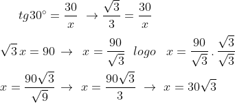 ( Fuvest-SP )Comprimento da sombra !!?? Gif.latex?tg30^{\circ}=\frac{30}{x}\,\,\to \frac{\sqrt3}{3}=\frac{30}{x}\\\\\sqrt{3}\,x=90\,\to\,\,\,x=\frac{90}{\sqrt{3}}\, \,\,\,logo\,\,\,\,\,x=\frac{90}{\sqrt{3}}\,